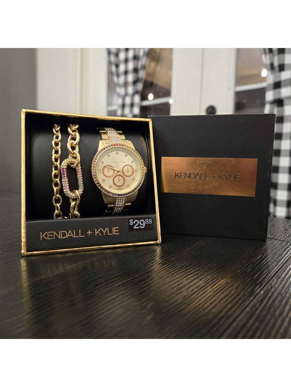 Kendall Kylie Gold Tone Rainbow Rhinestone Watch Bracelet Set Womens New In Box